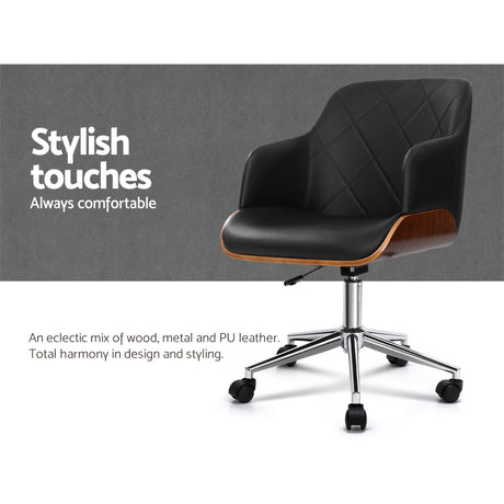 Artiss Wooden Office Chair Computer PU Leather Desk Chairs Executive Black Wood