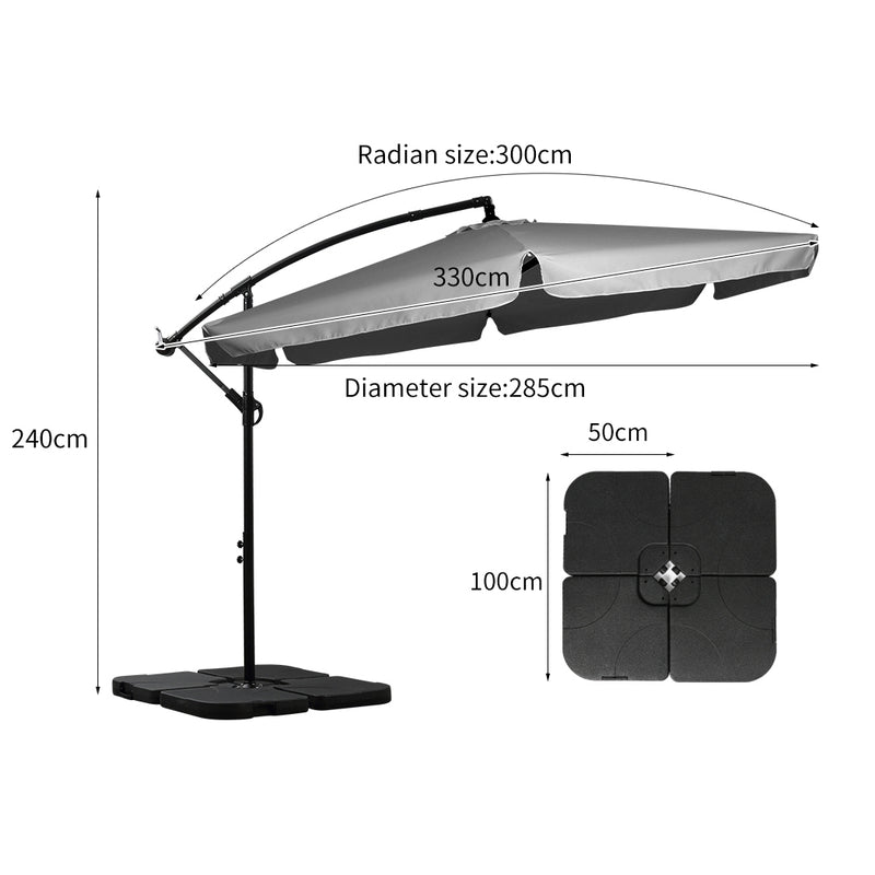 3M Patio Outdoor Umbrella Cantilever Grey With Base Stand