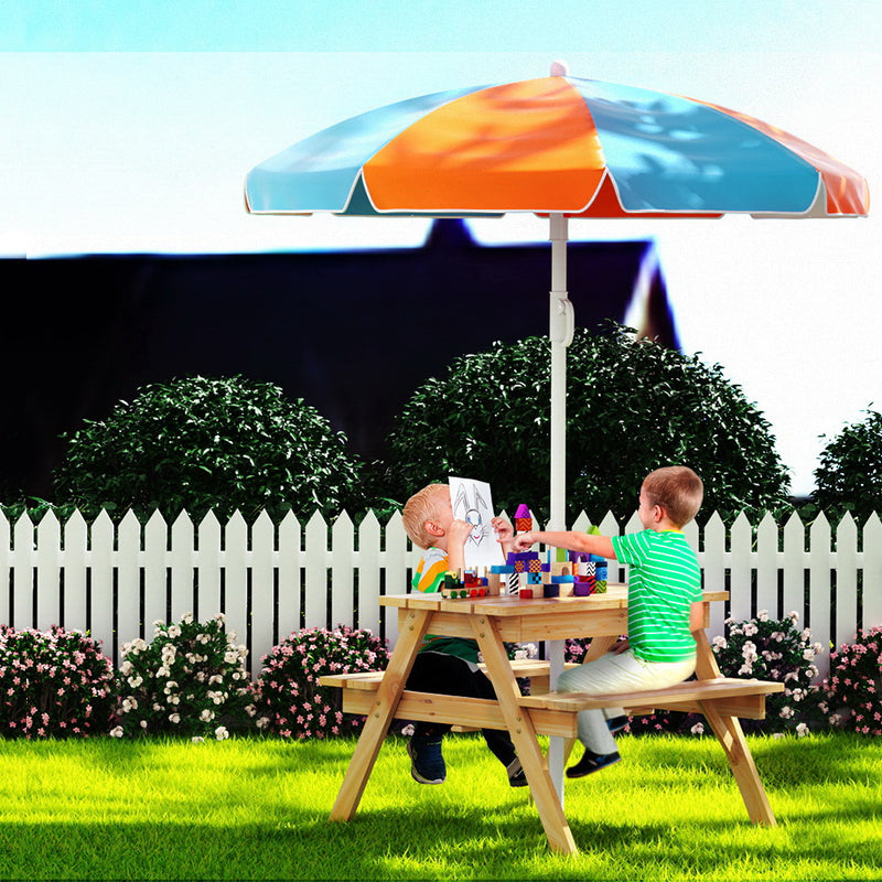 Keezi Kids Outdoor Table and Chairs Picnic Bench Set Umbrella Water Sand Pit Box