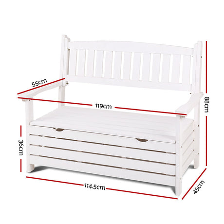 Gardeon Outdoor Storage Bench Box Wooden Garden Chair 2 Seat Timber Furniture White