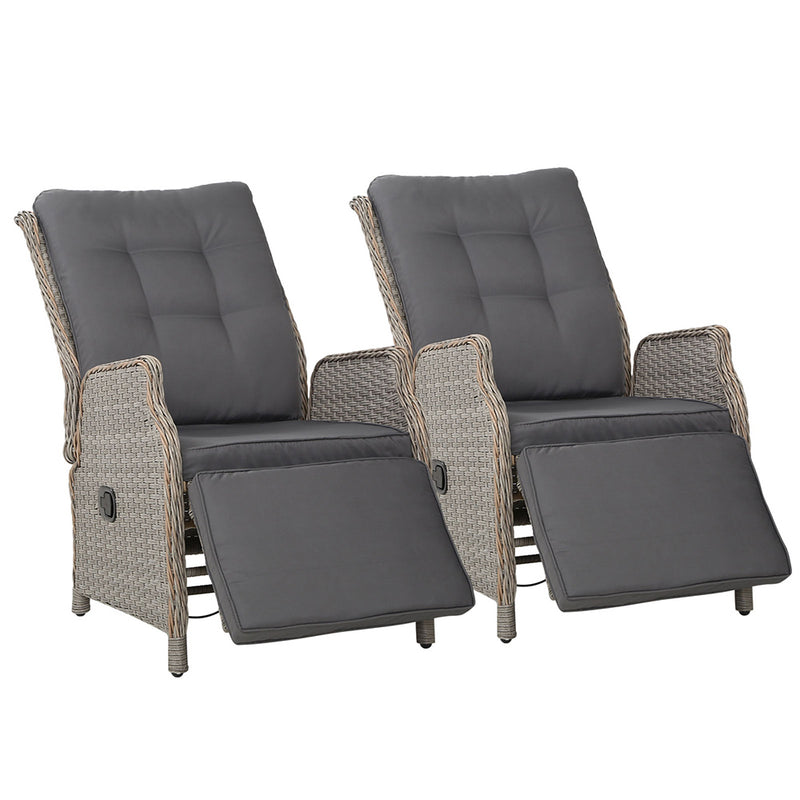 Gardeon Recliner Chairs Sun lounge Outdoor Furniture Setting Patio Wicker Sofa Grey 2pcs