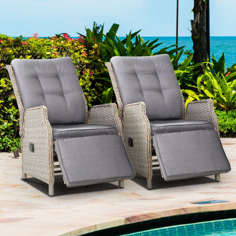 Gardeon Recliner Chairs Sun lounge Outdoor Furniture Setting Patio Wicker Sofa Grey 2pcs