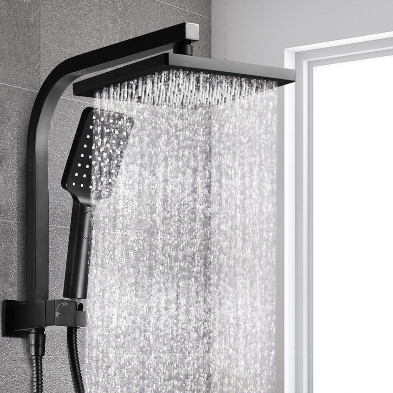 WELS 8 inch Rain Shower Head Square Wall Bathroom Arm Handheld Spray Bracket Rail Mat Black