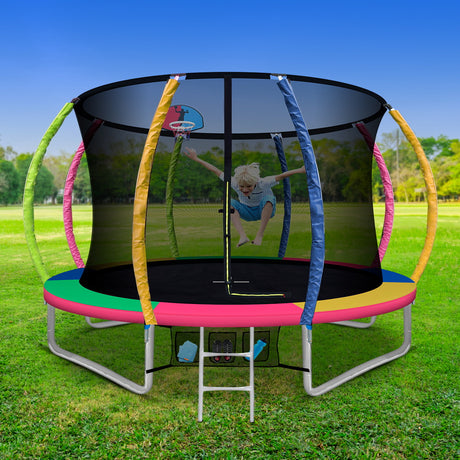 10FT Trampoline Round Trampolines With Basketball Hoop Kids Present Gift Enclosure Safety Net Pad Outdoor Multi-coloured