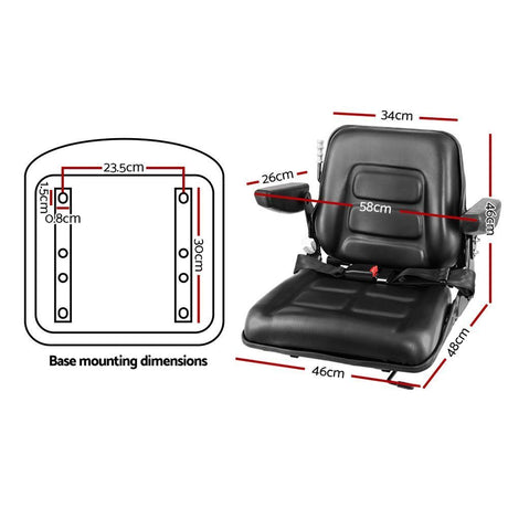 Giantz Tractor Seat with Armrest Forklift Excavator Bulldozer Universal Suspension Backrest Truck Chair black