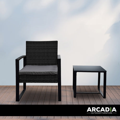 Arcadia Furniture Outdoor 3 Piece Wicker Rattan Patio Set Garden Patio Home - Black and Grey