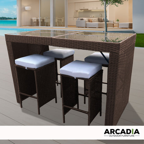 Arcadia Furniture Outdoor 5 Piece Bar Table Set Rattan and Cushions Patio Dining - Oatmeal and Grey