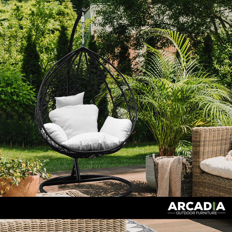 Arcadia Furniture Rocking Egg Chair Outdoor Wicker Rattan Patio Garden Tear Drop - Black and Cream