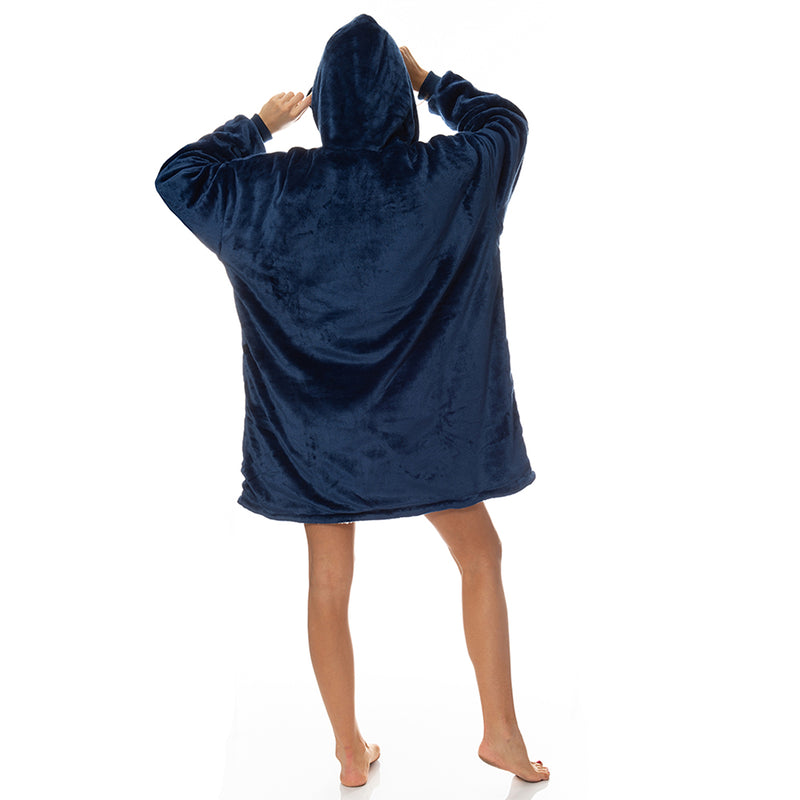 Royal Comfort Snug Hoodie Nightwear Super Soft Reversible Coral Fleece 750GSM - Navy