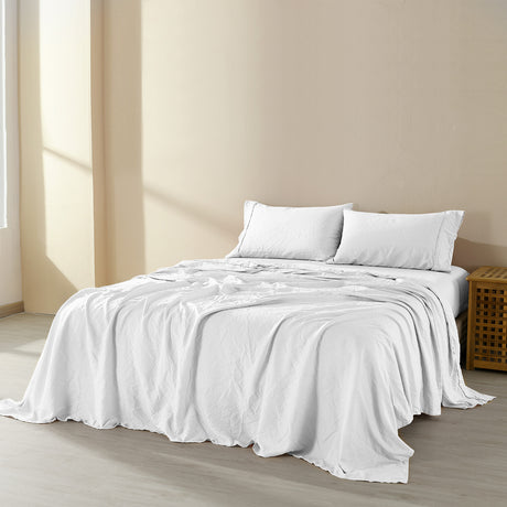 Royal Comfort Flax Linen Blend Sheet Set Bedding Luxury Breathable Ultra Soft - Queen - White