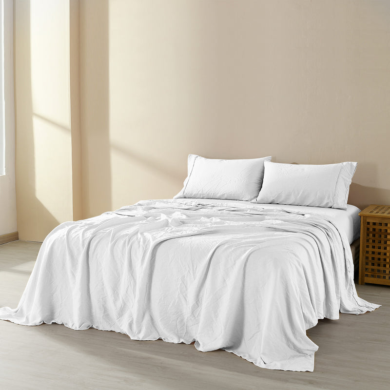 Royal Comfort Flax Linen Blend Sheet Set Bedding Luxury Breathable Ultra Soft - Queen - White