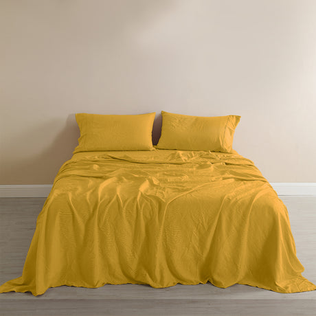 Royal Comfort Flax Linen Blend Sheet Set Bedding Luxury Breathable Ultra Soft - Queen - Mustard Gold