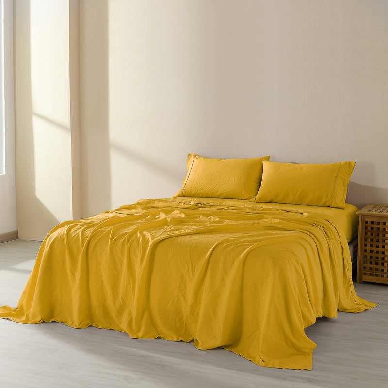 Royal Comfort Flax Linen Blend Sheet Set Bedding Luxury Breathable Ultra Soft - Queen - Mustard Gold