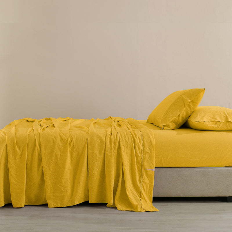 Royal Comfort Flax Linen Blend Sheet Set Bedding Luxury Breathable Ultra Soft - Queen - Mustard Gold