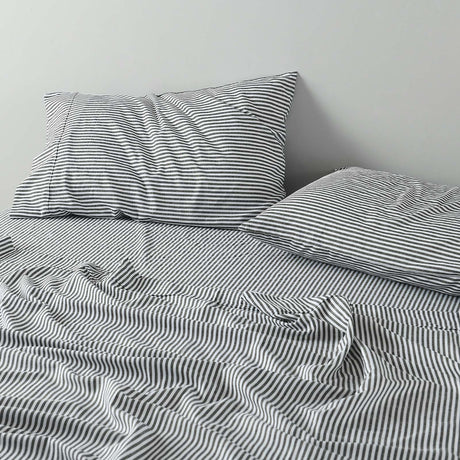 Royal Comfort Stripes Linen Blend Sheet Set Bedding Luxury Breathable Ultra Soft - Queen - Charcoal