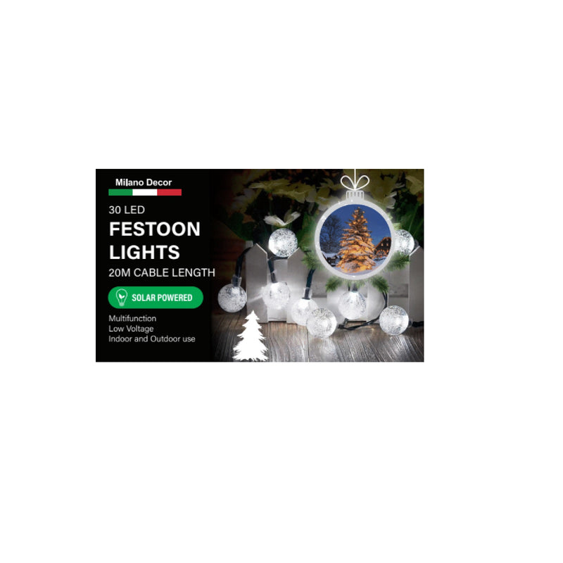 Milano Decor Solar Powered Outdoor Festoon Lights -  White - 30 Lights