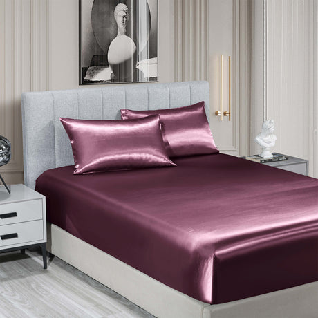 Royal Comfort Satin Sheet Set 3 Piece Fitted Sheet Pillowcase Soft  - Queen - Malaga Wine