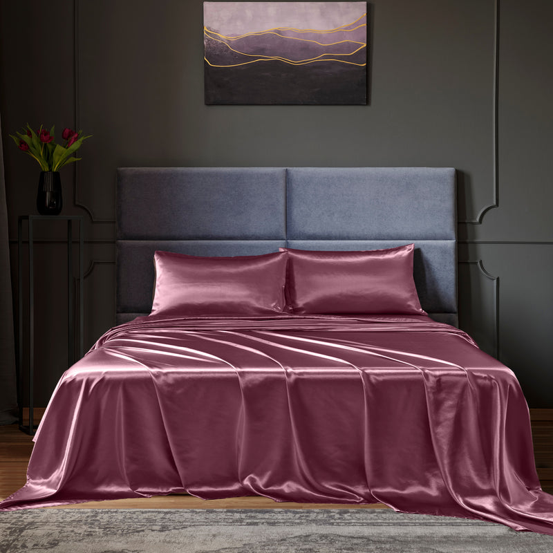 Royal Comfort Satin Sheet Set 4 Piece Fitted Flat Sheet Pillowcases  - Queen - Malaga Wine