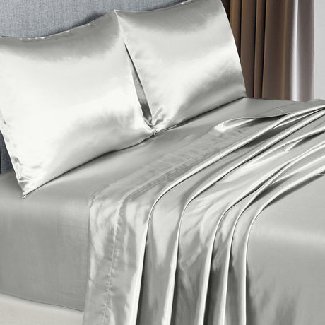 Royal Comfort Satin Sheet Set 4 Piece Fitted Flat Sheet Pillowcases  - Queen - Silver