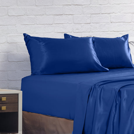 Royal Comfort Satin Sheet Set 4 Piece Fitted Flat Sheet Pillowcases  - Queen - Navy Blue