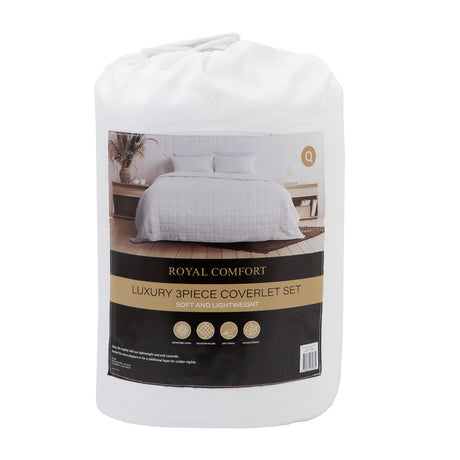 Royal Comfort Coverlet Set Bedspread Soft Touch Easy Care Breathable 3 Piece Set - Queen - White