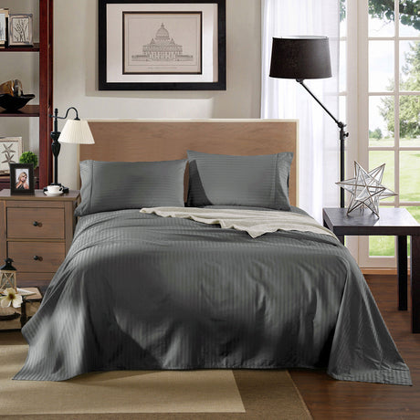 Kensington 1200 Thread Count 100% Egyptian Cotton Sheet Set Stripe Hotel Grade - Double - Charcoal