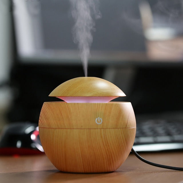 Milano Ultrasonic USB Diffuser with 10 Aroma Oils Humidifier LED Light 130ml - Light Wood