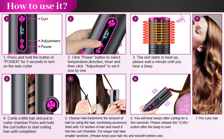 Portable Wireless Automatic Hair Curler for Travel with LED Temperature Display, Timer and USB Rechargeable (Pink)