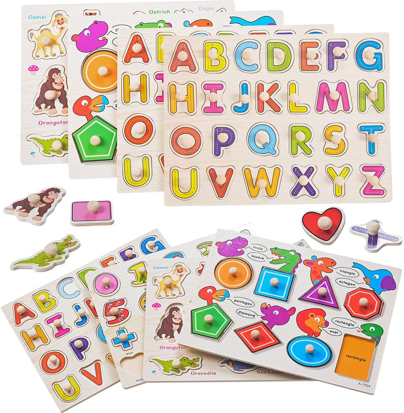 Wooden Alphabet ABC, Numbers and Farm Animals Learning Puzzles Board for Kids Preschool Educational Pegged Puzzles Activity from 3 to 4 years Old