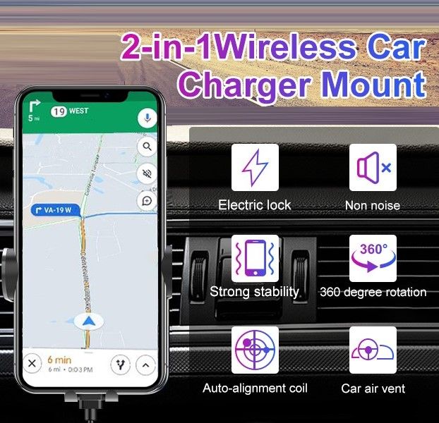 360 Wireless Car Charger Mount with Auto-Clamping (15w Fast Charging)