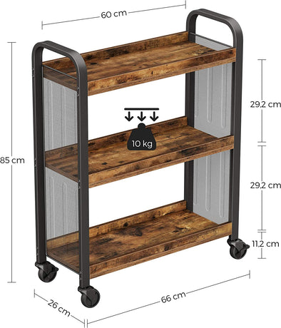 Rustic Brown Kitchen Trolley Rolling Cart with Steel Structure (66 x 26 x 85 cm)