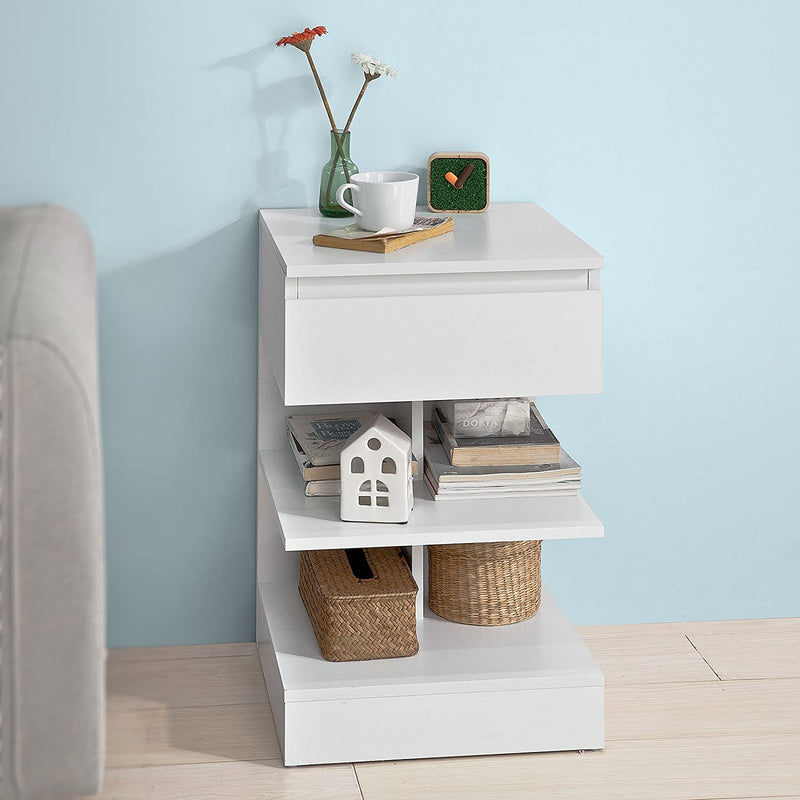 White Side Table Bedside Table with 1 Drawer and 3 Shelves