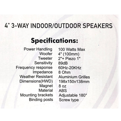 New Audioline Indoor Outdoor Speaker Pair 3-Way 4\