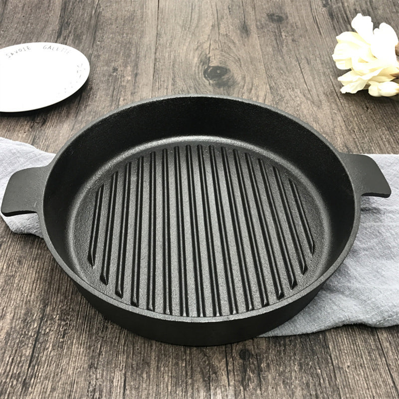 SOGA 2X 25cm Round Ribbed Cast Iron Frying Pan Skillet Steak Sizzle Platter with Handle