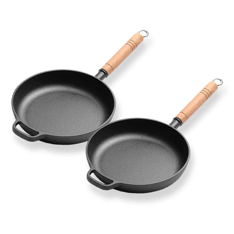 SOGA 2X 25cm Round Cast Iron Frying Pan Skillet Steak Sizzle Platter with Helper Handle