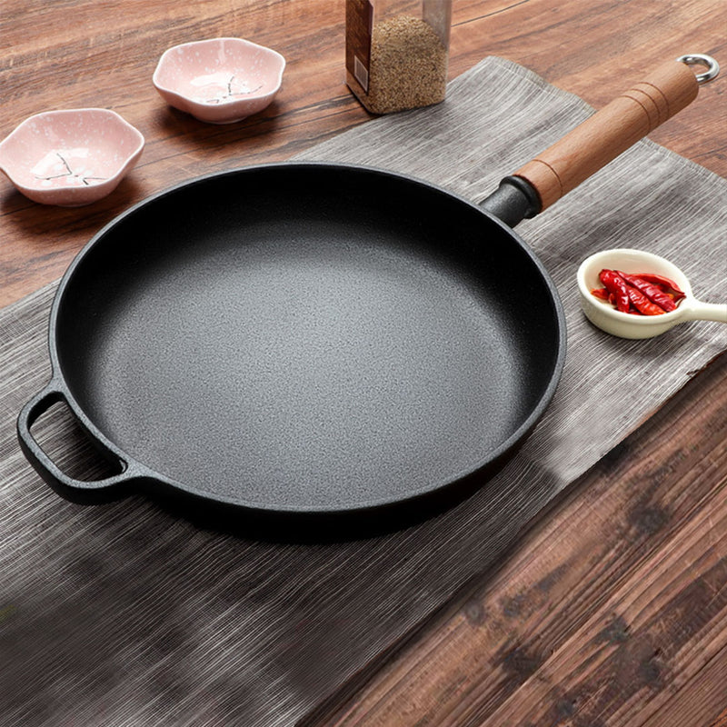 SOGA 2X 25cm Round Cast Iron Frying Pan Skillet Steak Sizzle Platter with Helper Handle