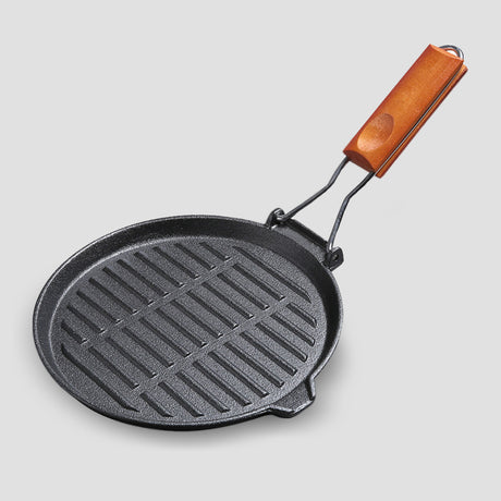 SOGA 2X 24cm Round Ribbed Cast Iron Steak Frying Grill Skillet Pan with Folding Wooden Handle