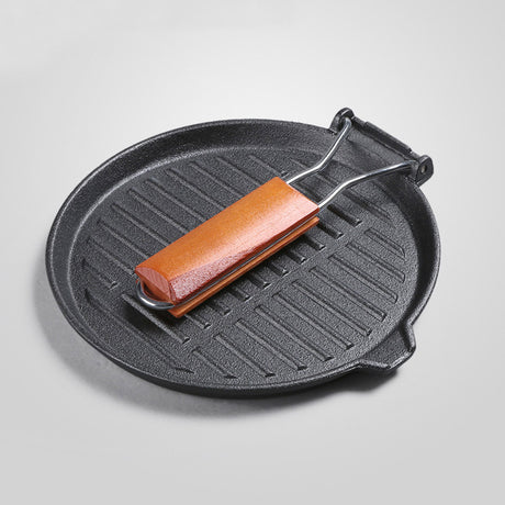 SOGA 2X 24cm Round Ribbed Cast Iron Steak Frying Grill Skillet Pan with Folding Wooden Handle