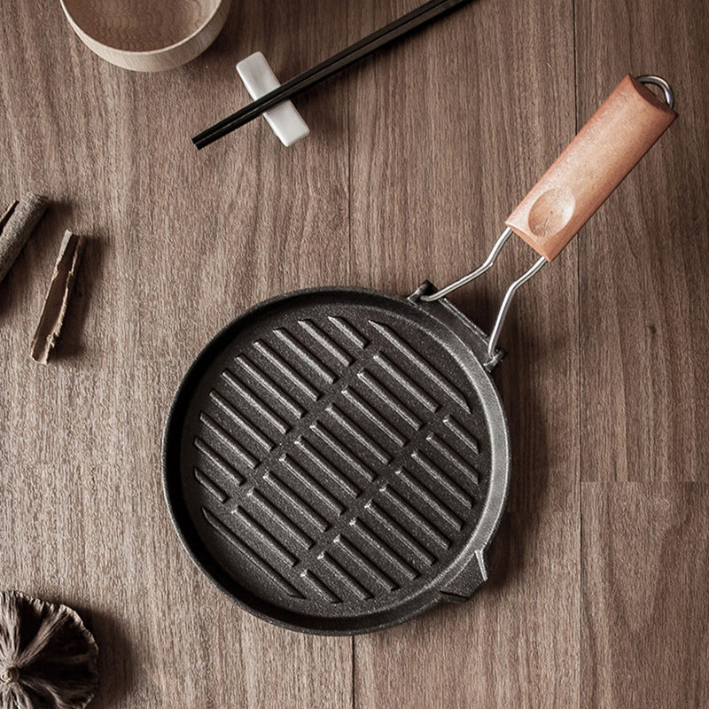 SOGA 2X 24cm Round Ribbed Cast Iron Steak Frying Grill Skillet Pan with Folding Wooden Handle