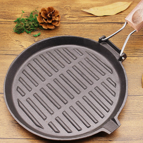 SOGA 2X 24cm Round Ribbed Cast Iron Steak Frying Grill Skillet Pan with Folding Wooden Handle