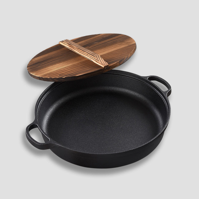 SOGA 29cm Round Cast Iron Pre-seasoned Deep Baking Pizza Frying Pan Skillet with Wooden Lid