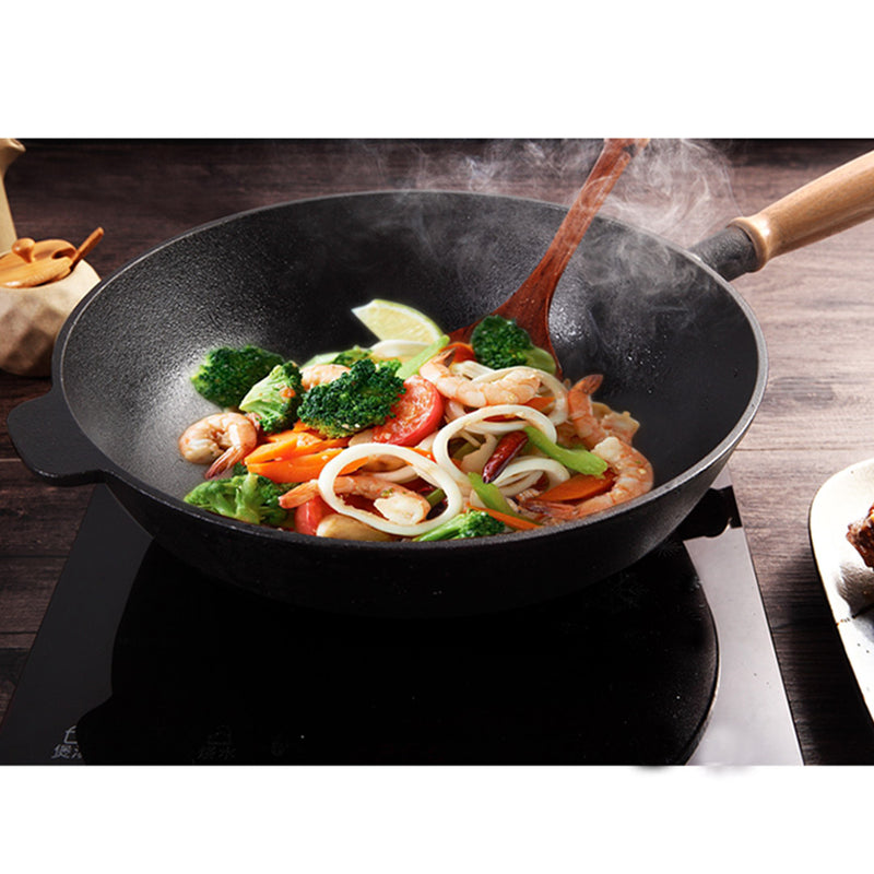 SOGA 31cm Commercial Cast Iron Wok FryPan Fry Pan with Wooden Lid