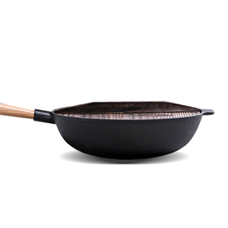 SOGA 31cm Commercial Cast Iron Wok FryPan Fry Pan with Wooden Lid