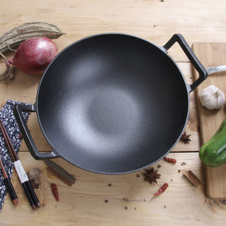 SOGA 32cm Commercial Cast Iron Wok FryPan Fry Pan with Double Handle