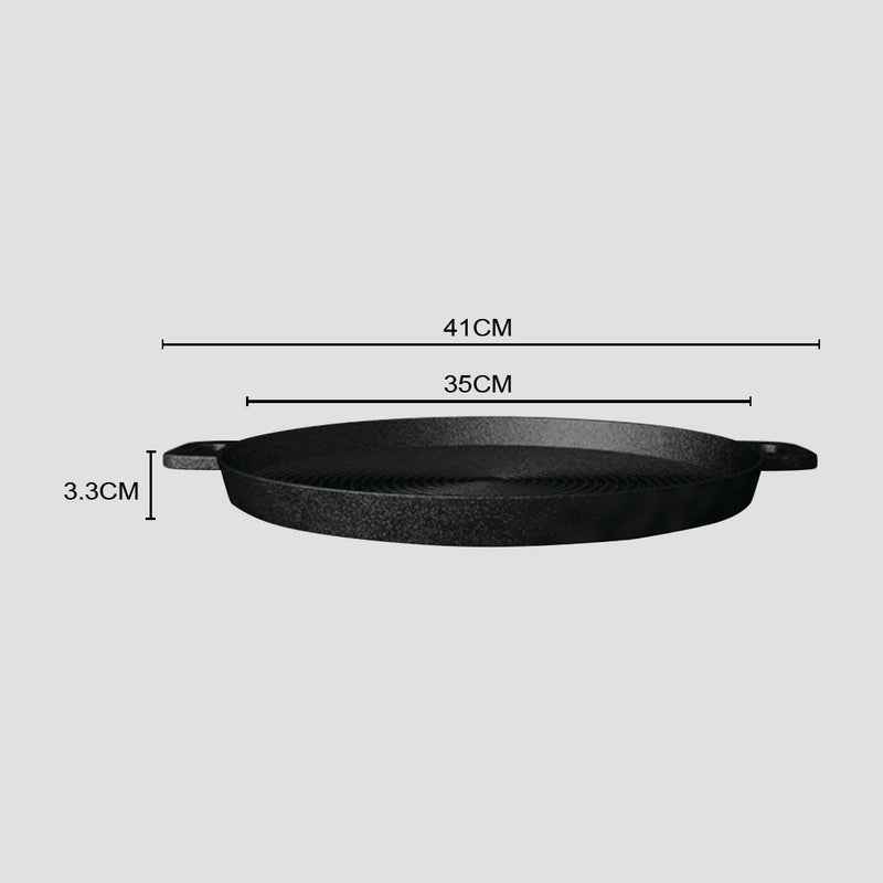 SOGA 35cm Round Ribbed Cast Iron Frying Pan Skillet Steak Sizzle Platter with Handle