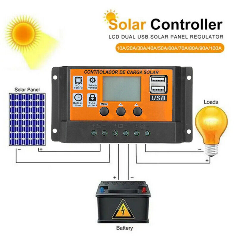 100A MPPT Solar Power Panel Regulator Charge LCD Controller 12V/24V Dual USB A