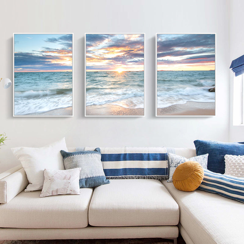 40cmx60cm Sunrise by the ocean 3 Sets White Frame Canvas Wall Art