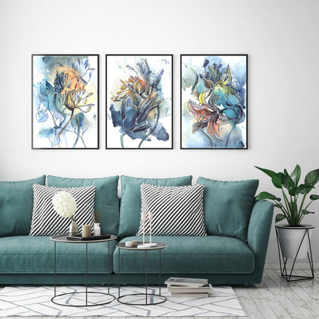 40cmx60cm Watercolor Style Abstract Flower 3 Sets Black Frame Canvas Wall Art