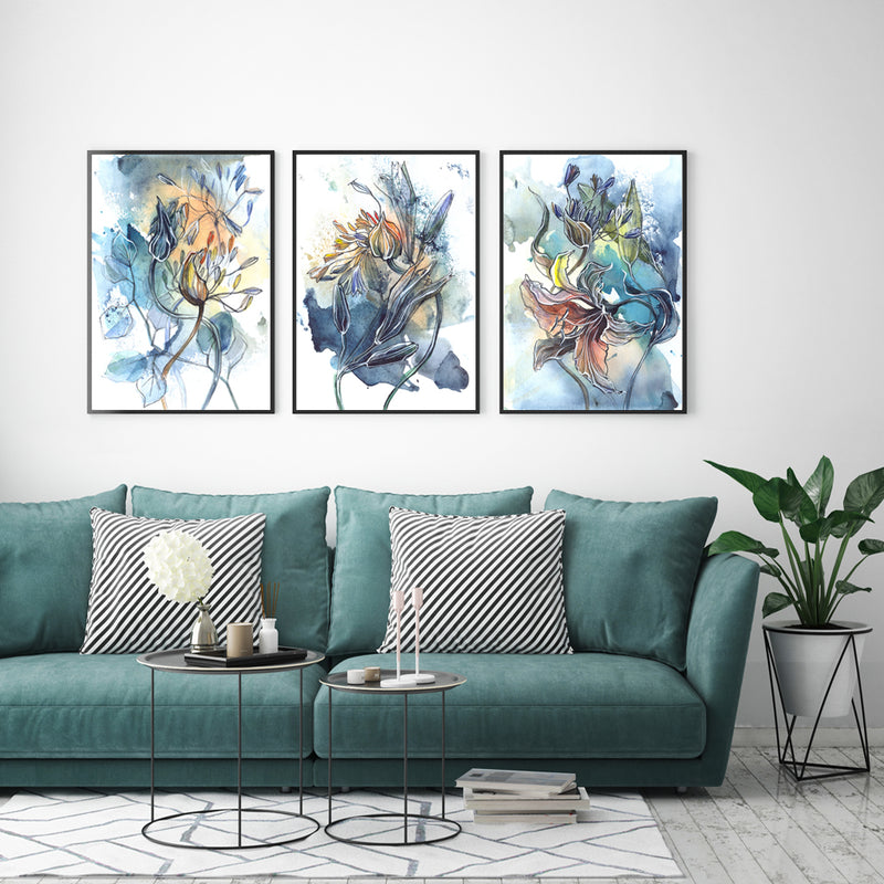 40cmx60cm Watercolor Style Abstract Flower 3 Sets Black Frame Canvas Wall Art