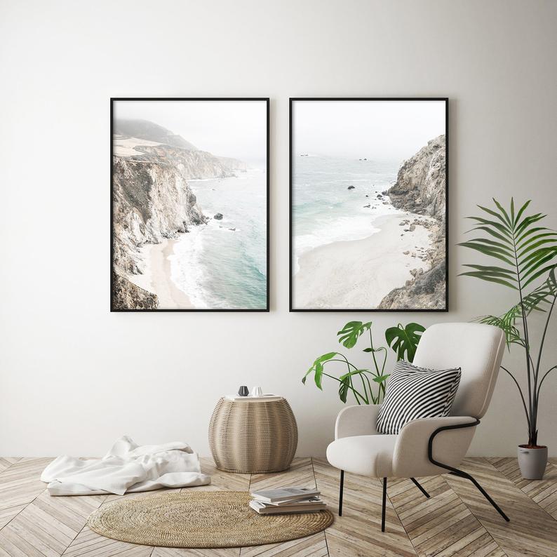 50cmx70cm Mountain Beach 2 Sets Black Frame Canvas Wall Art